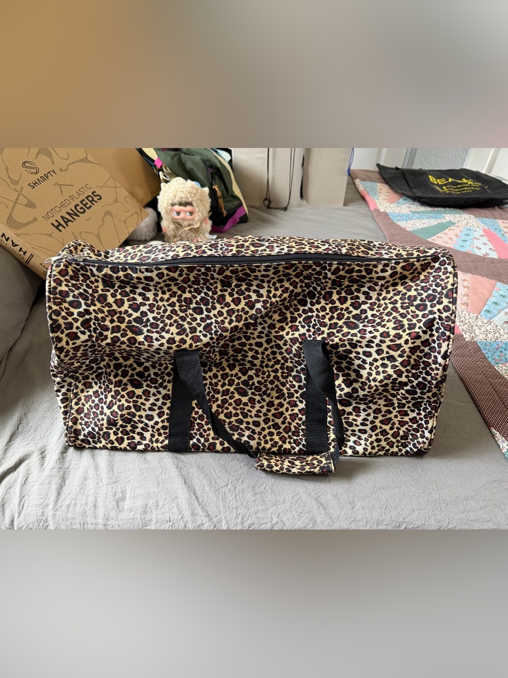 Leopard Print Travel Tote Bag - Black & Tan